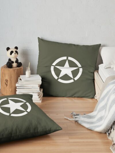 Vintage White Military Star & Green Background Throw Pillow Official Military Merch