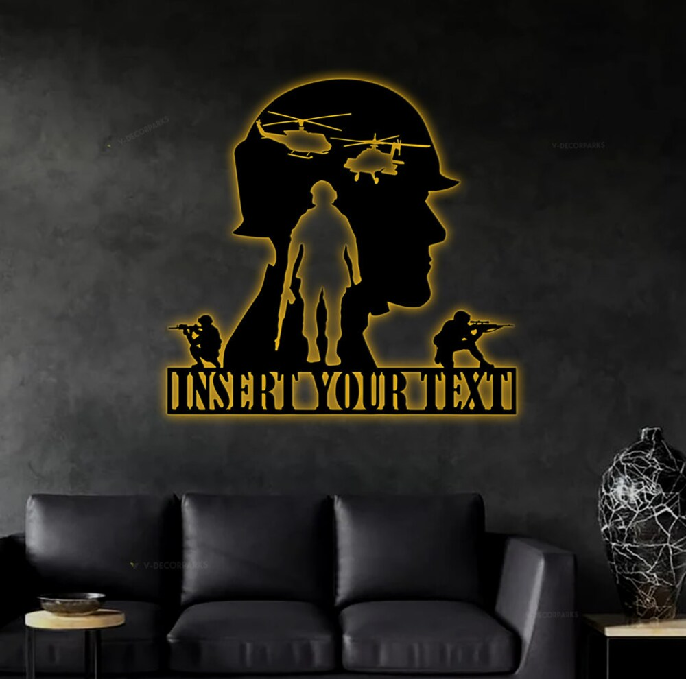 Personalized Military Soldiers Silhouette Metal Lighted Sign